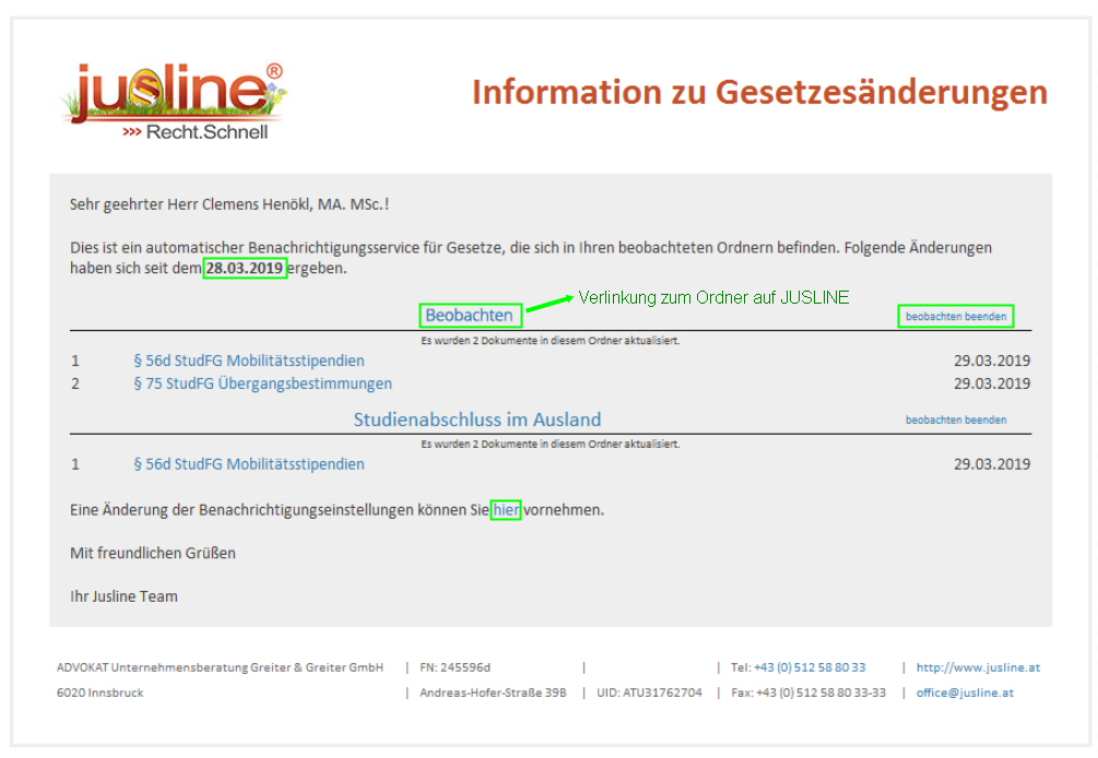 Email Benachrichtigung bei Gesetzesänderung